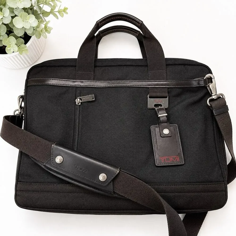 Tumi Black Nylon Briefcase with Leather Trim and Detachable Strap
